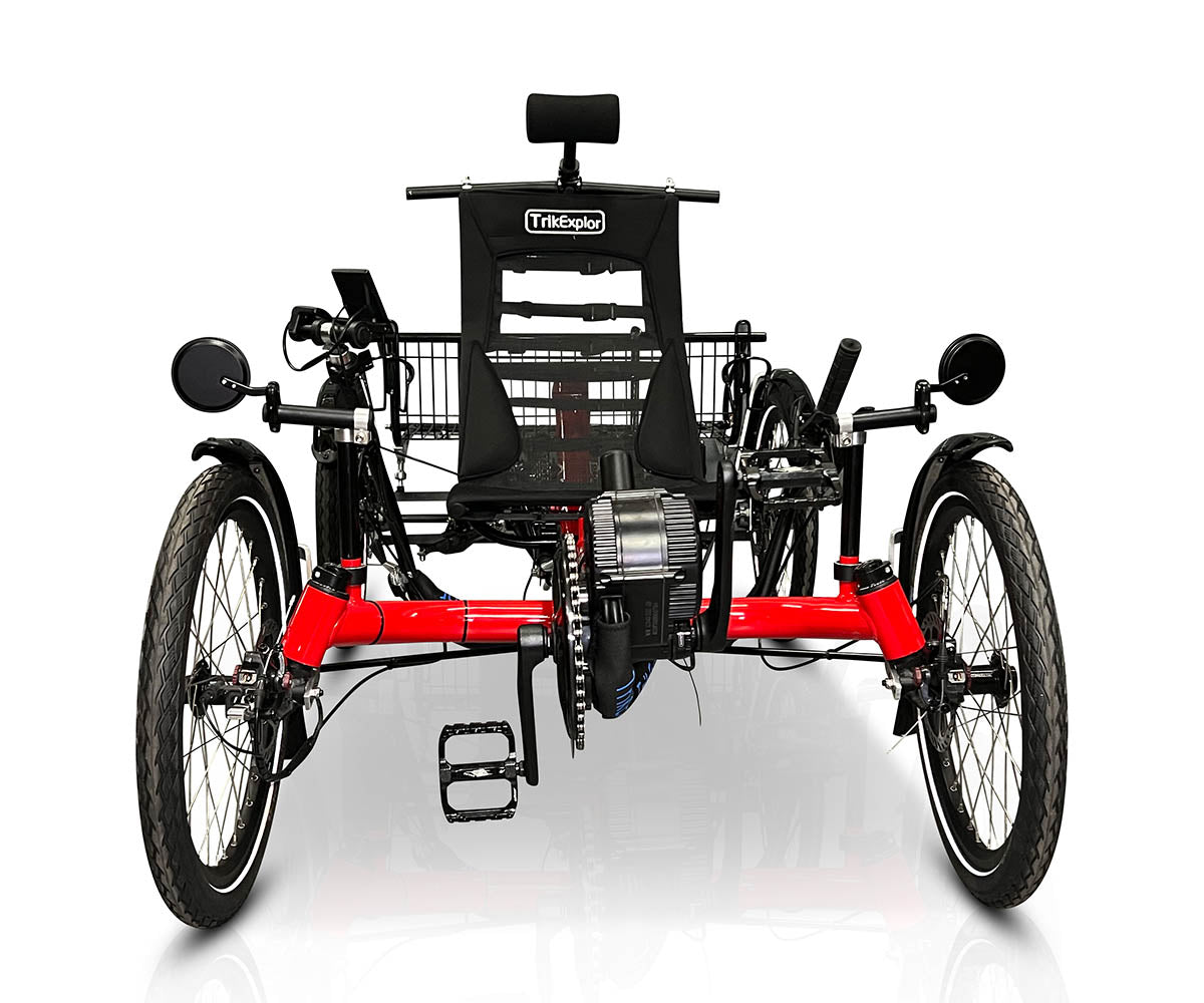 Front view of the TrikExplor 420e showing the black mesh seat, handlebars, and red frame with rear cargo rack.