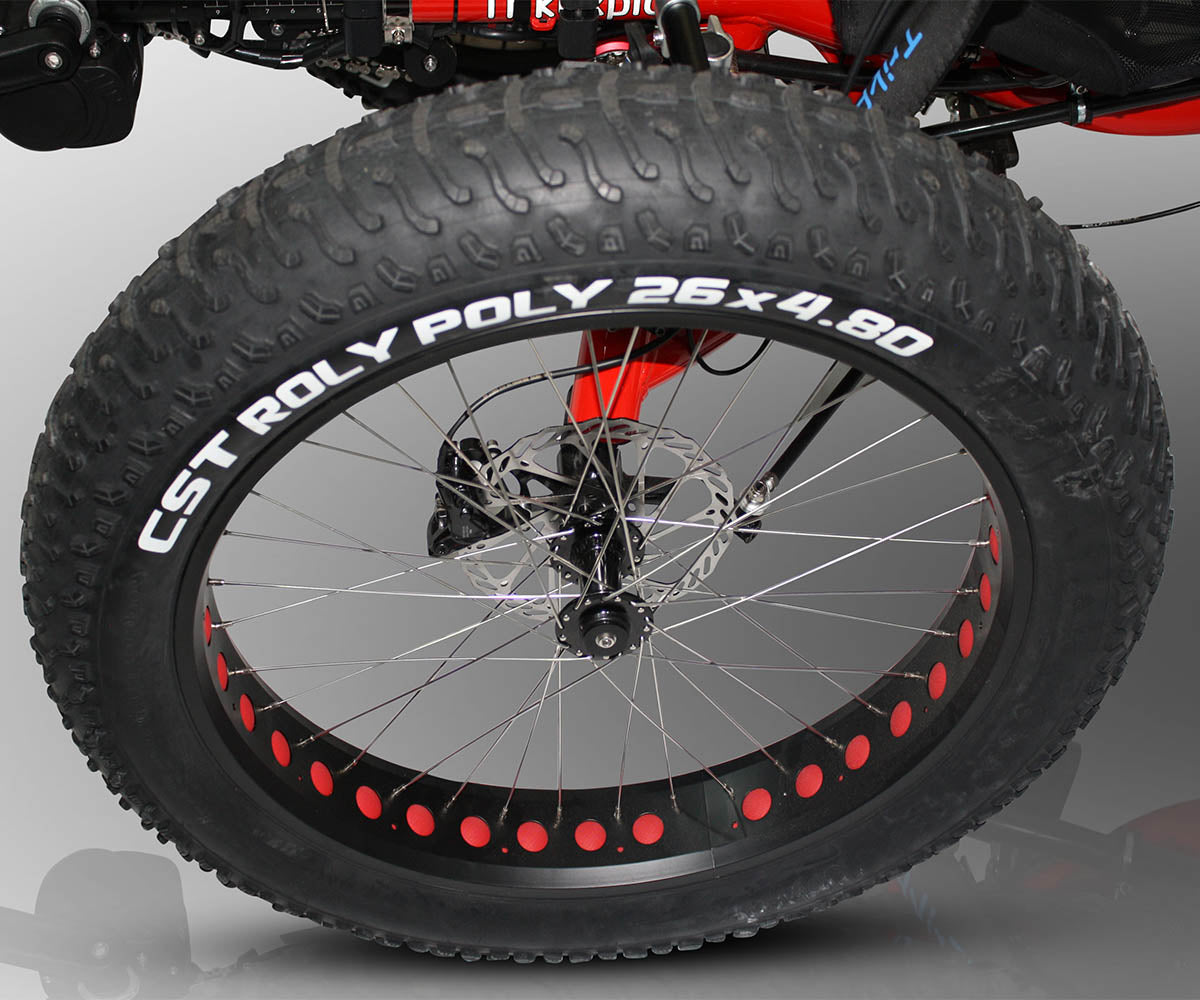 Image of 4.8 inch width off road tire with BB7 Cable disk brakes attached to TrikExplor model F426e