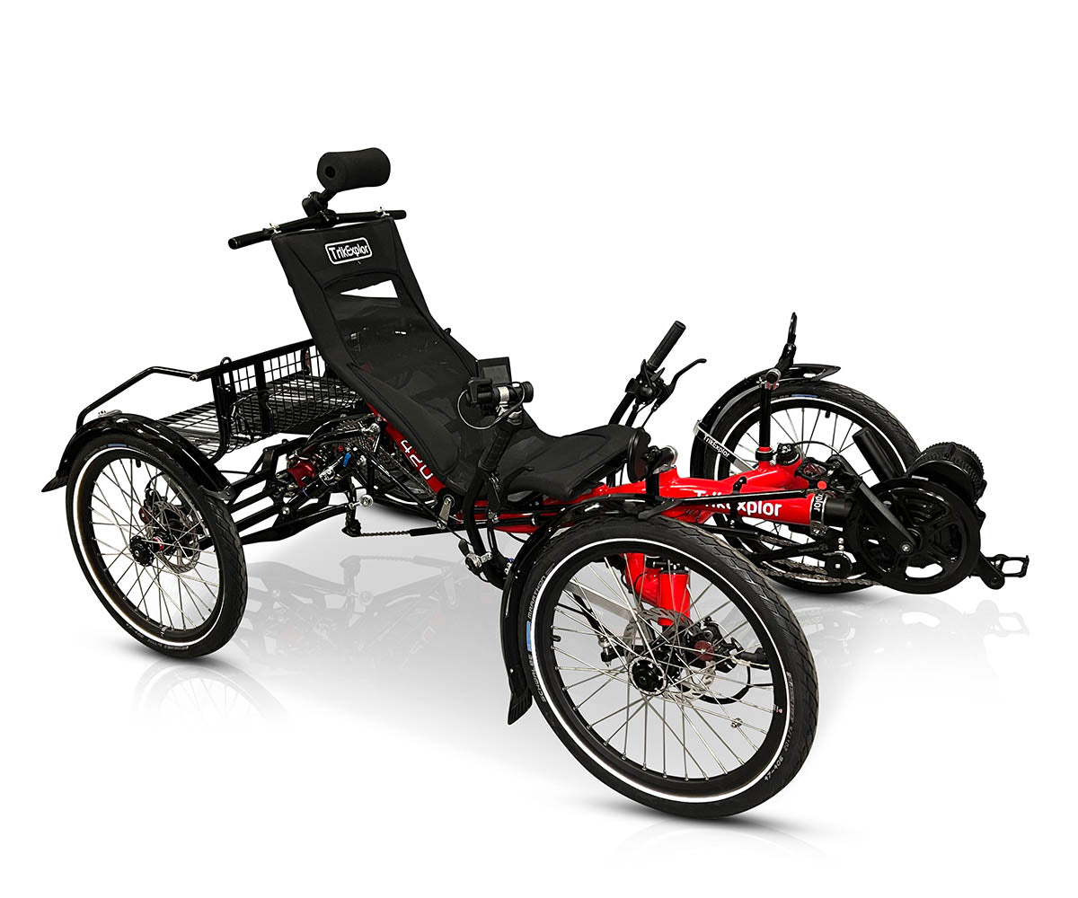 Side view of the TrikExplor 420e recumbent electric assist quad with red frame, black mesh seat, and rear cargo rack.