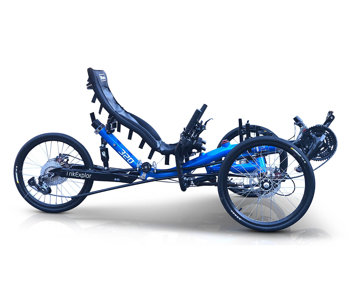 TrikExplor 320e electric trike in blue, side view, with mesh seat, smooth touring tires, and a low-profile frame design.