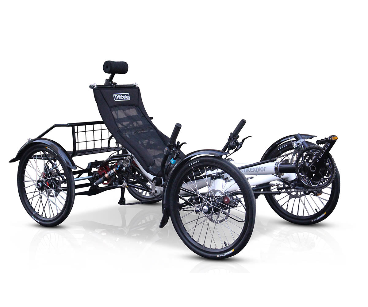 Side view of the TrikExplor 420e recumbent quadricycle with a white frame, black seat, and rear cargo rack, equipped with touring tires.