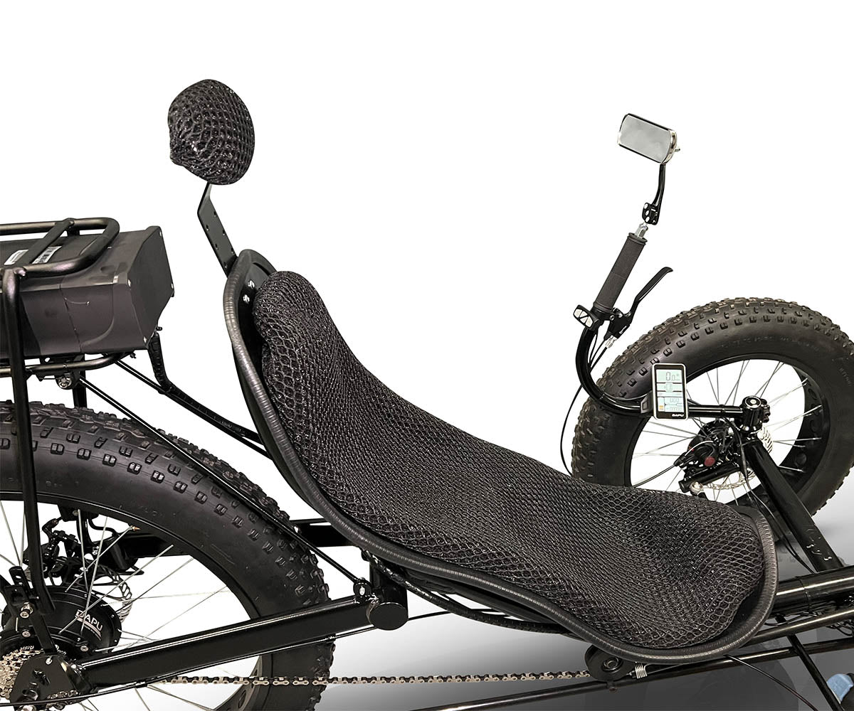 Close-up of the DuraTrike FX36e's 45° incline seat and headrest, focus on the mesh material and handlebar mounted trip information display.