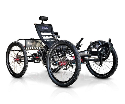 TrikExplor 424e off-road recumbent trike with large, rugged tires and a sturdy frame, viewed from the front angle.