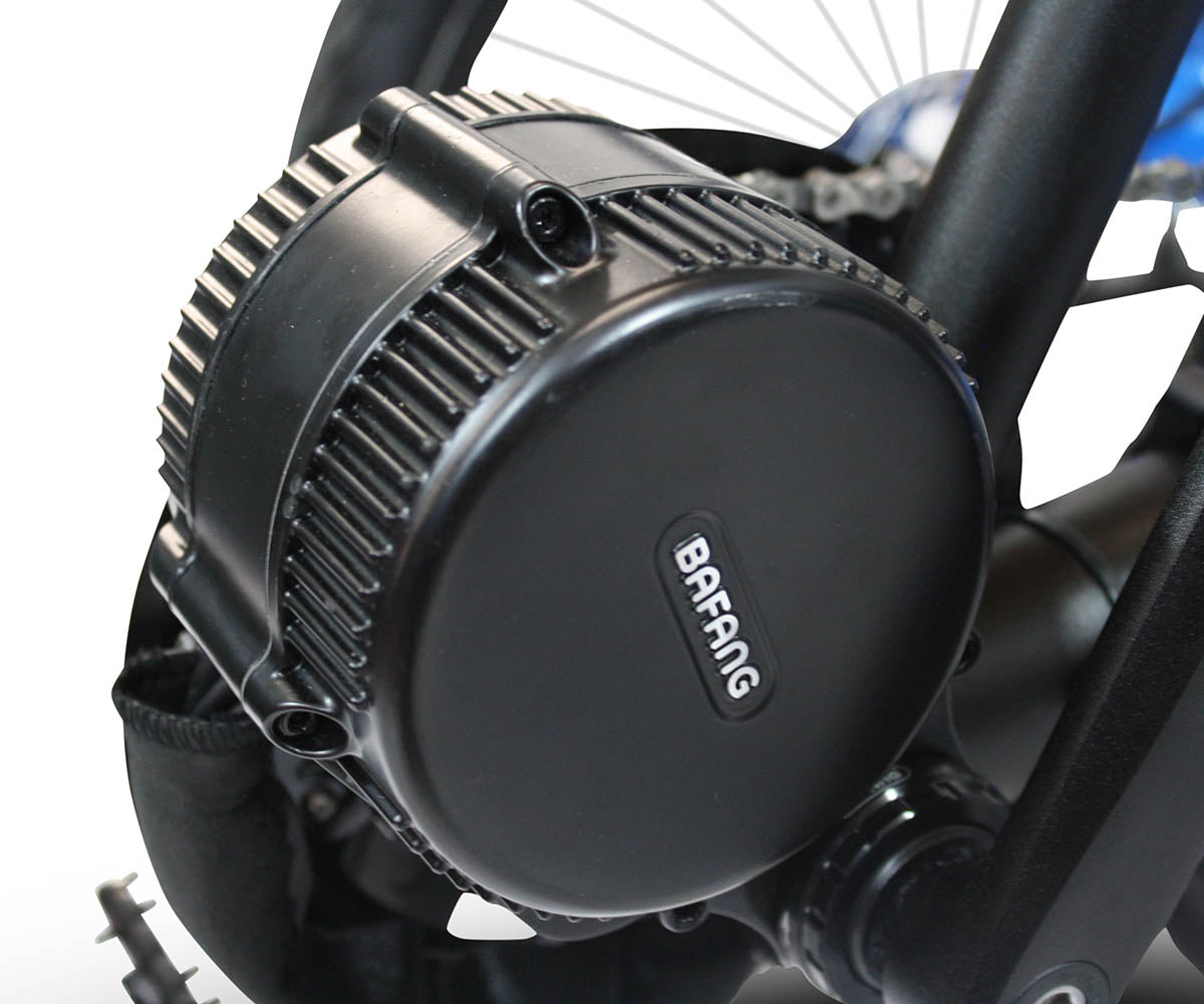 Close-up of the 500W Bafang motor on the TrikExplor 320e trike showing casing design and branding.