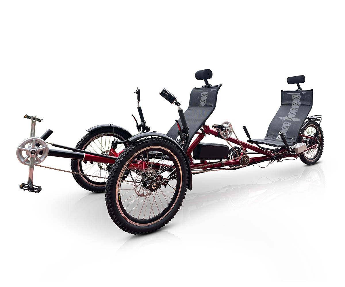 DuraTrike RT3e tandem trike in red, front right angled view, showing the dual seat arrangement and sturdy steel frame designed for two riders.