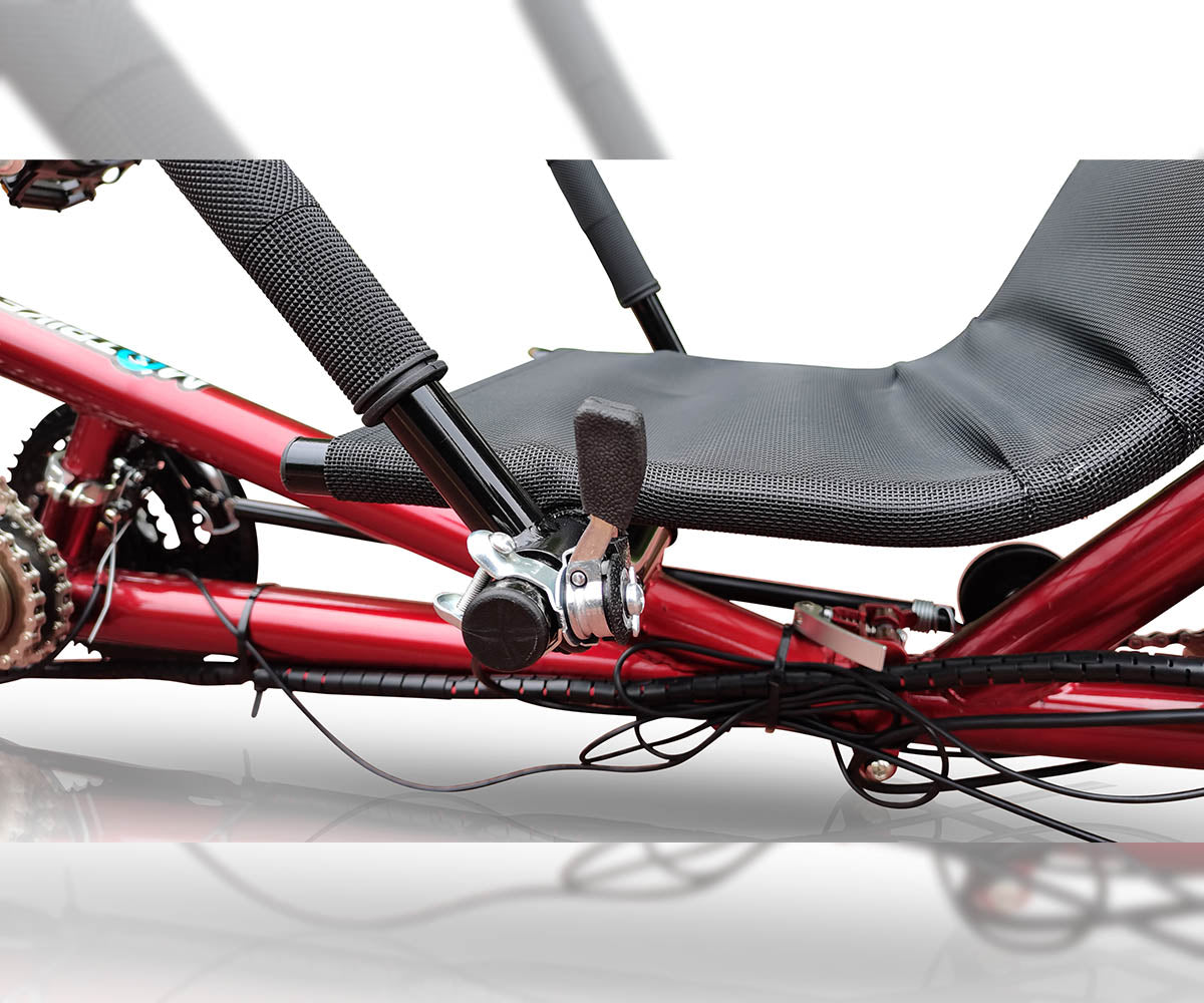 Close-up of the DuraTrike RT3e's rear seat and handle pitch adjuster tab, highlighting the mesh seat design and handlebar setup.