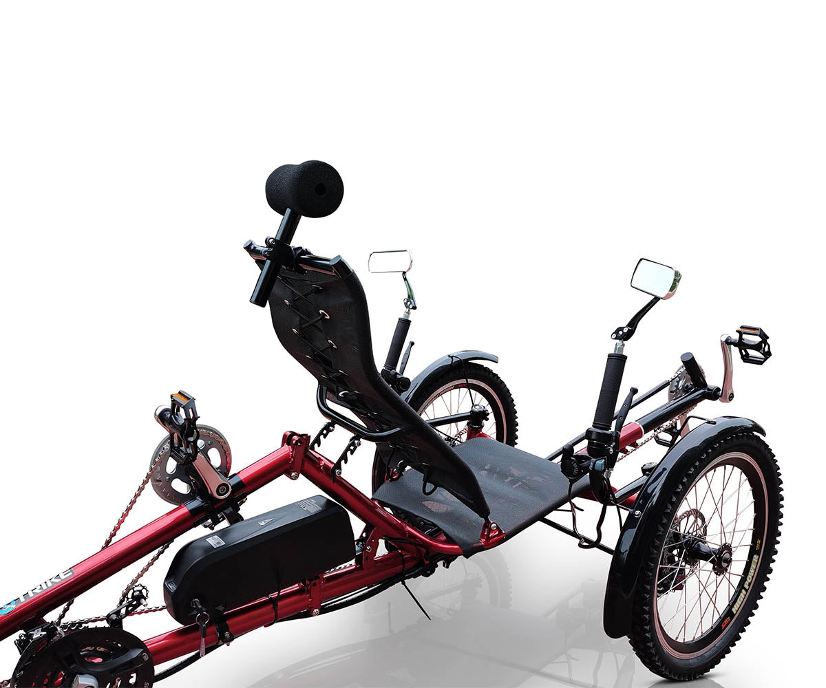 Rear view of the RT3e tandem tricycle with red frame, showing front seating arrangement, battery, and rear view mirrors attached to handlebars