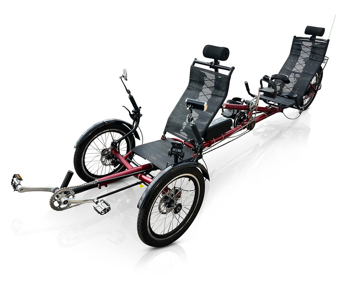 DuraTrike RT3e tandem trike in red, top-down view, showcasing the full length of the trike, the dual seats, and the overall design for two riders.