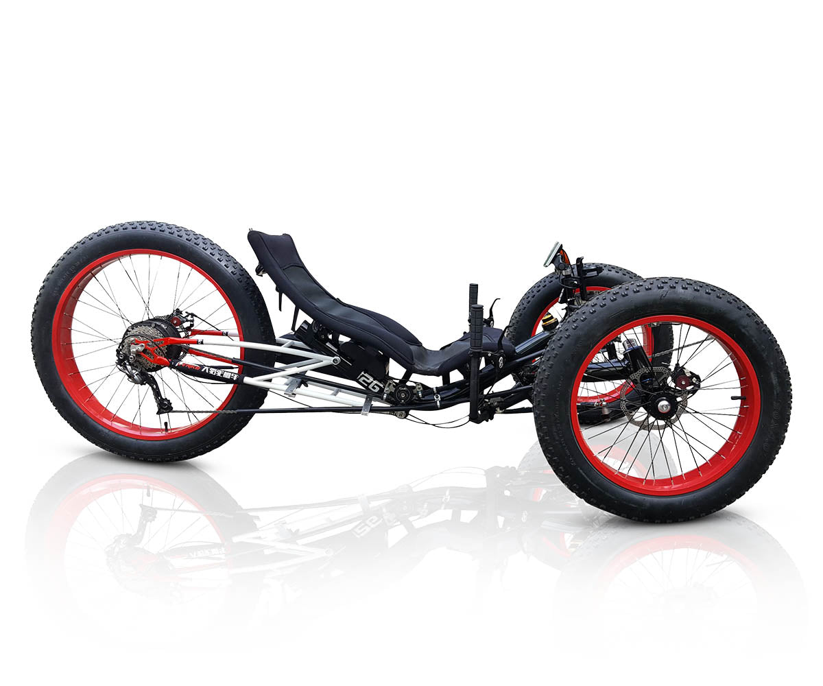 TrikExplor F326e with silver frame and red wheel rims. Side view showing sleek design and low 30-degree seat angle.