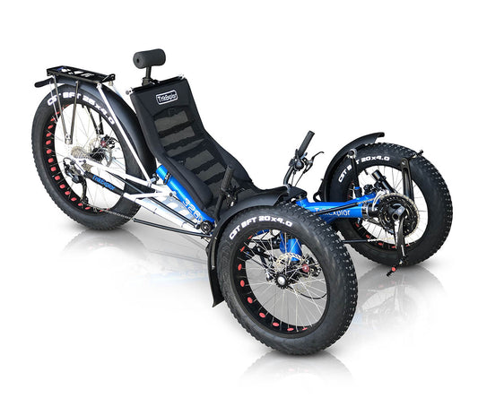 TrikExplor F326 off-road tricycle in blue with fat tires, headrest, and rear rack. Front right angled view showing sturdy frame.