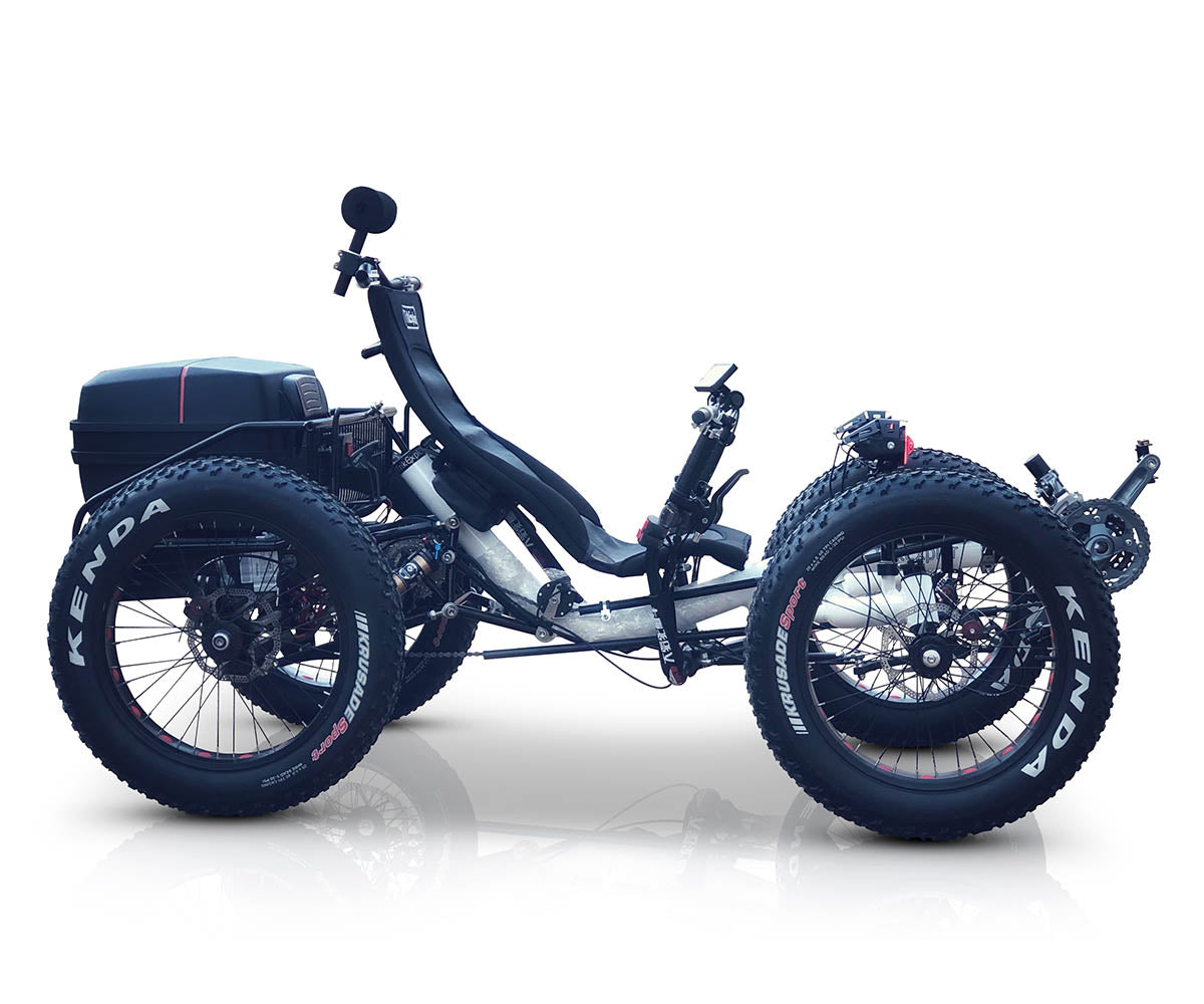 Side view of the F420E recumbent off road quadricycle with white opalescent frame, incline seat, and rear storage rack and container