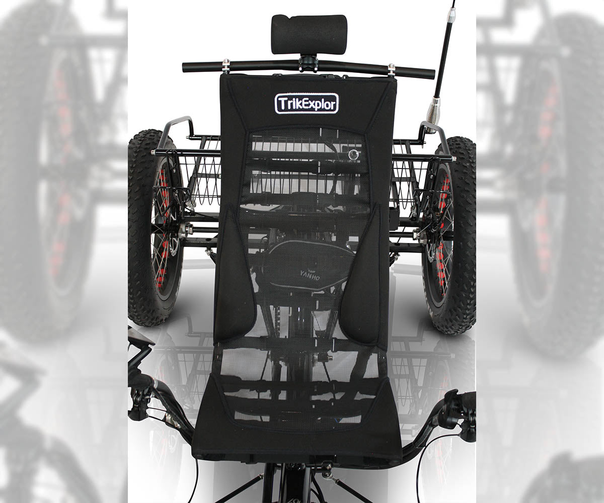 Top-down view of the TrikExplor F420E recumbent electric assist quad showing the black mesh seat, headrest, and rear cargo rack.