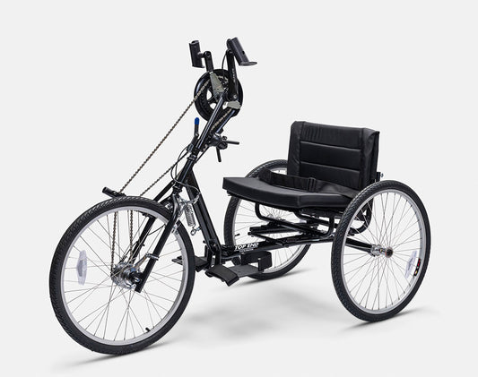 Top End Excelerator handcycle with a padded seat, elevated hand pedals, and three large wheels.