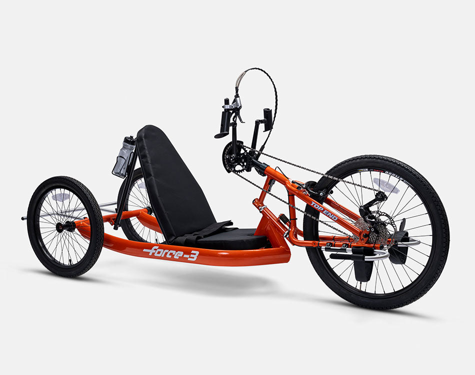 Top End Force 3 handcycle with a black seat, three wheels, and an orange frame.