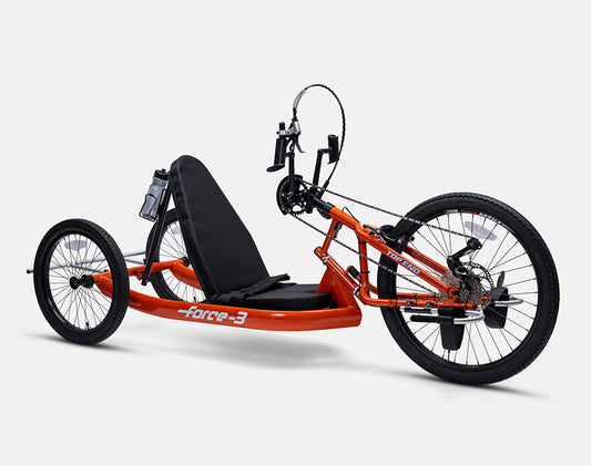 Top End Force 3 handcycle with a black seat, three wheels, and an orange frame.