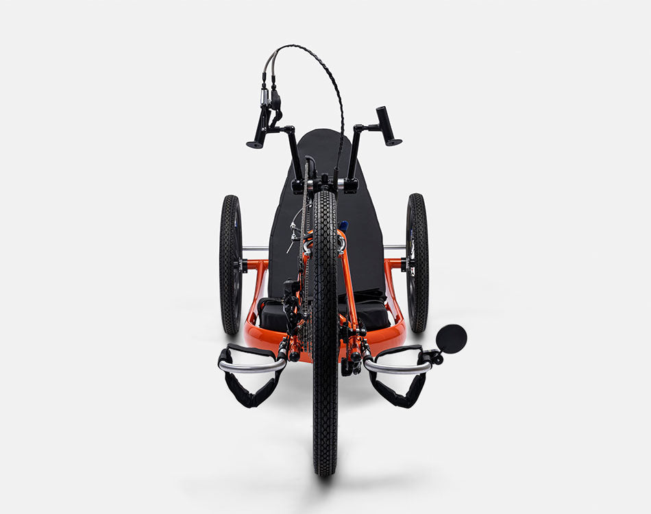 Front view of a Top End Force 3 handcycle with all-terrain wheels highlighting crankset with hand pedals.