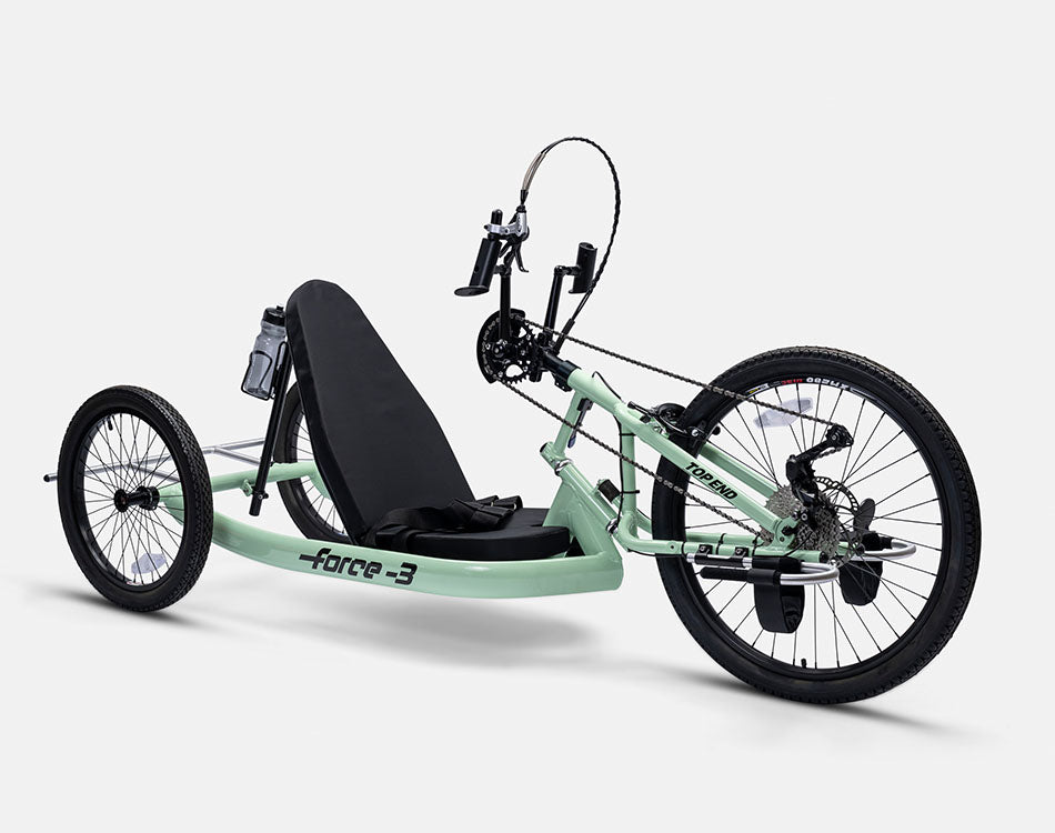 Top End Force 3 delta configuration handcycle with a black seat, three wheels, and a mint green frame.