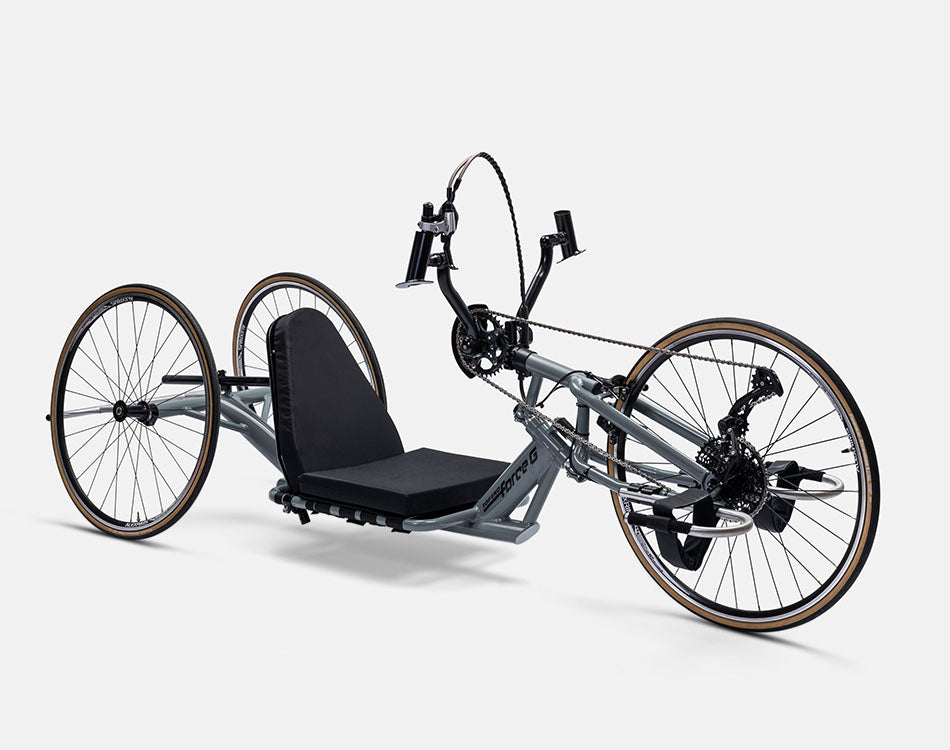 Top End Force G handcycle with a black seat and three touring style wheels.