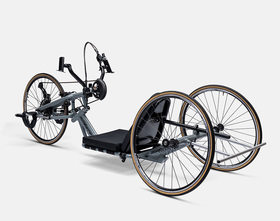 Top End Force G handcycle with grey painted frame, delta wheel configuration, and cambered back wheels.