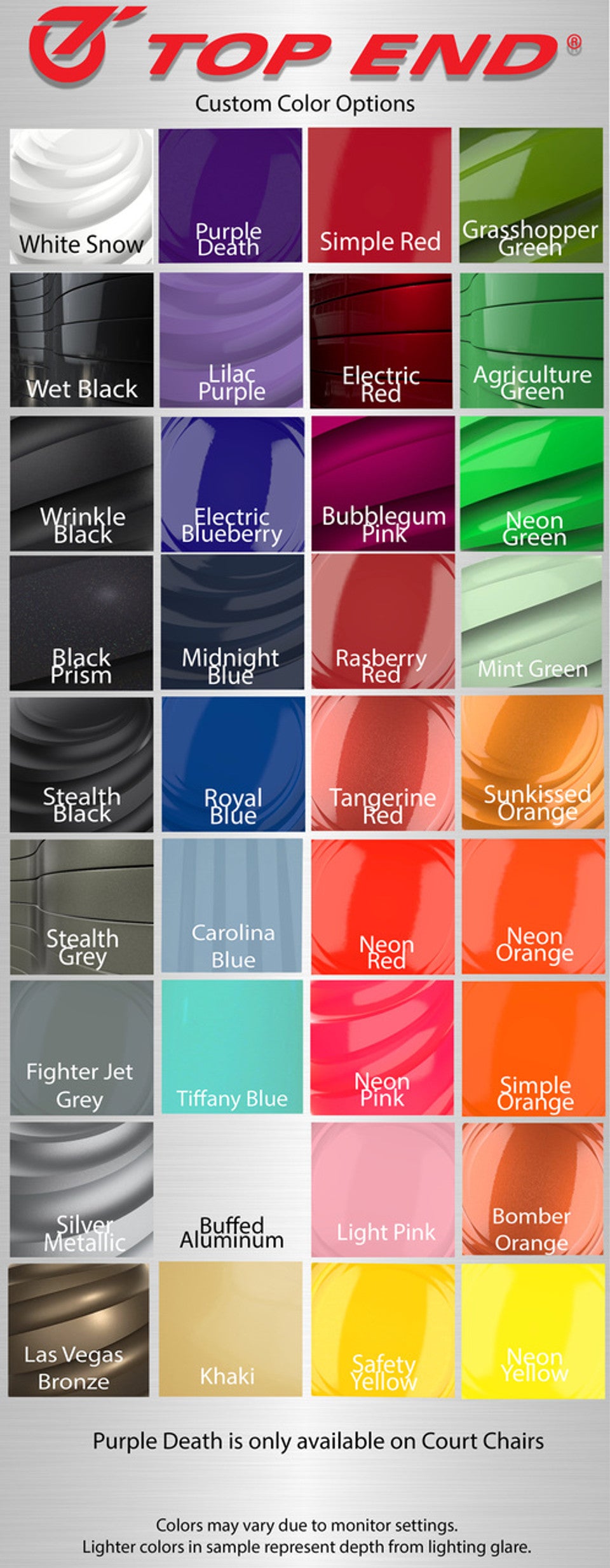 Top End cycle brand custom color options chart with 45 colors such as White Snow, Simple Red, Grasshopper Green, and Electric Blueberry