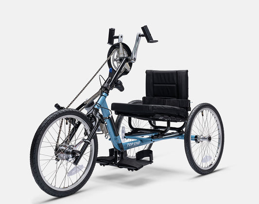 Top End Lil' Excelerator Handcycle with a blue frame, black seat, and hand pedals, designed for adaptive biking.