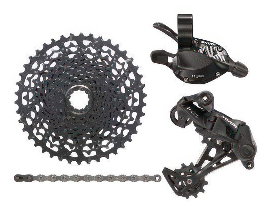Image of SRAM brand gearing components including derailleur, shifter, chain, and cassette
