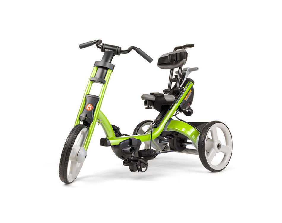 Angled side view of a Rifton X320 with a green frame, small padded seat, adjustable handlebars, and 12-inch wheels.