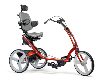 Angled side view of a Rifton X340 with a red frame, large padded seat, adjustable handlebars, and 18-inch wheels.