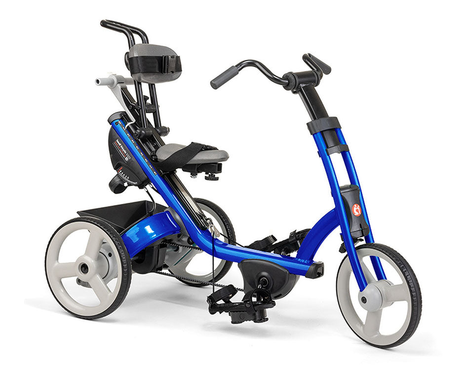 Angled side view of a Rifton X320 with a blue frame, backrest, handlebar grips, and three 12-inch wheels for easy maneuverability.