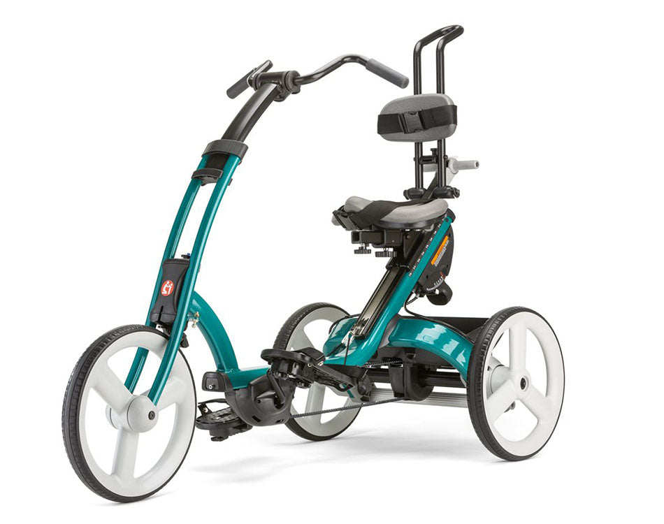 Angled side view of a Rifton X330 with a teal frame, adjustable handlebars, and foot pedals, featuring a supportive seat.