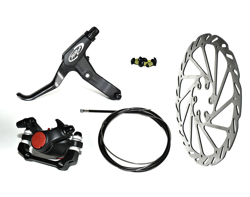 Avid BB5 disc brake set including brake lever, caliper, rotor, cable, and small parts.