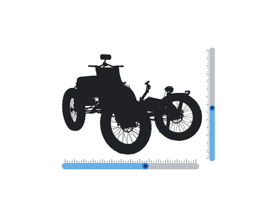 Adaptive Bikes dimensions image, featuring a silhouette of a recumbent trike with rulers on the top and side indicating dimensions.