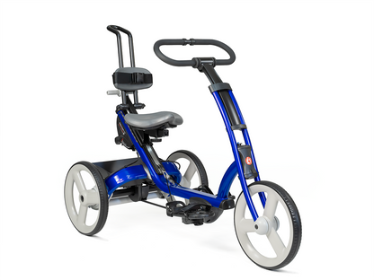 Angled side view of a Rifton X330 with a padded seat, backrest, and 15-inch wheels, designed for stability and mobility.