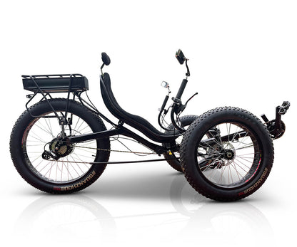 DuraTrike FX36e tadpole trike with black frame. Side view showing cycle in profile with protruding handlebars mirrors.