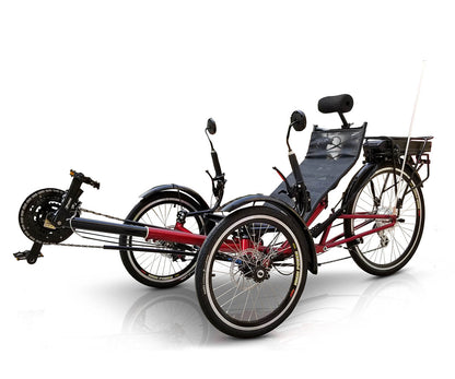 Side view of a TrikExplor FT36e red recumbent trike with black seat and handlebars, highlighting its three-wheel design.