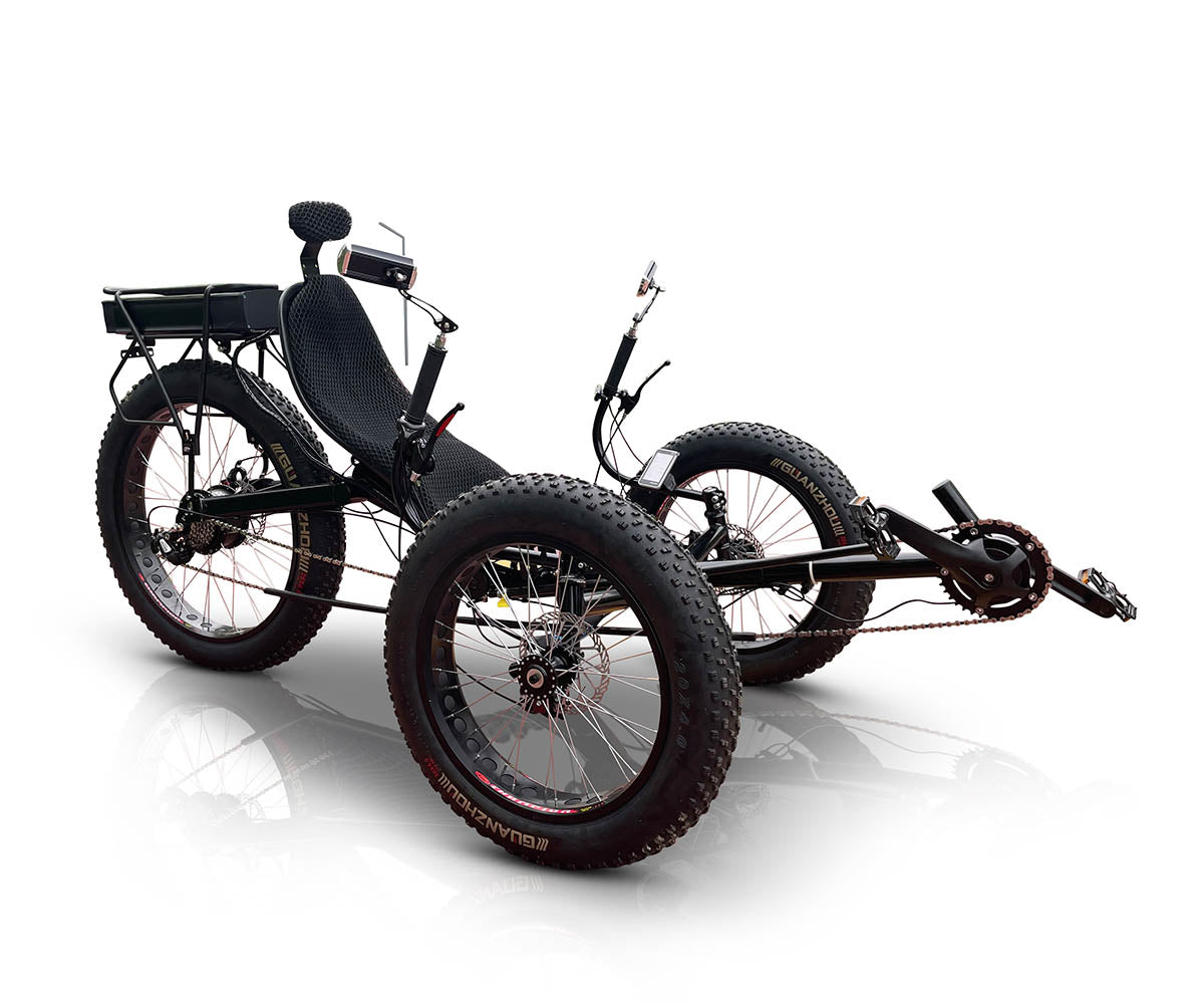 DuraTrike FX36e tricycle in black with a rear mounted battery and over tire rack. Rear left angled view sowing protruding crankset.