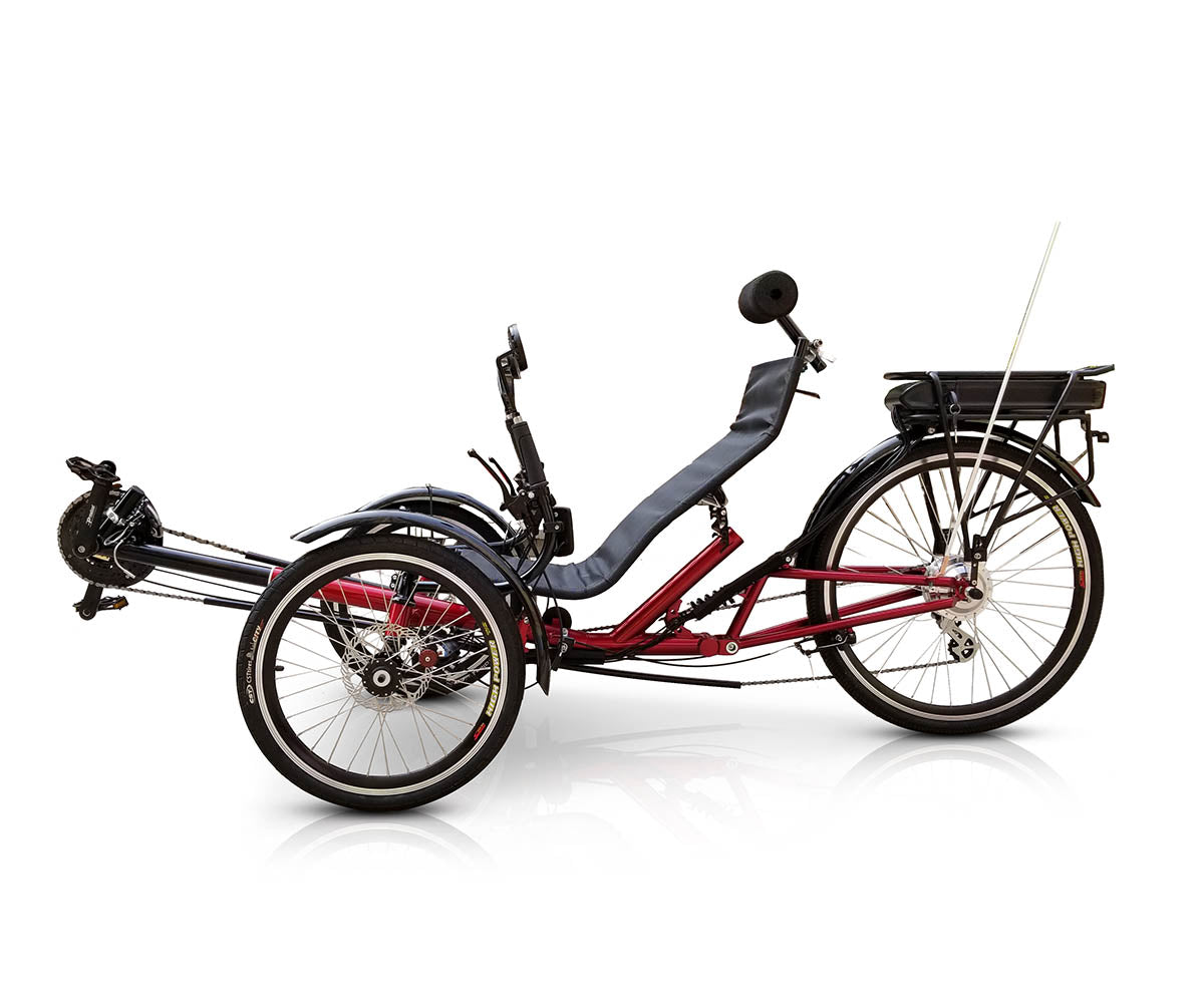 Side view of a TrikExplor FT36e red recumbent trike with black seat and three wheels