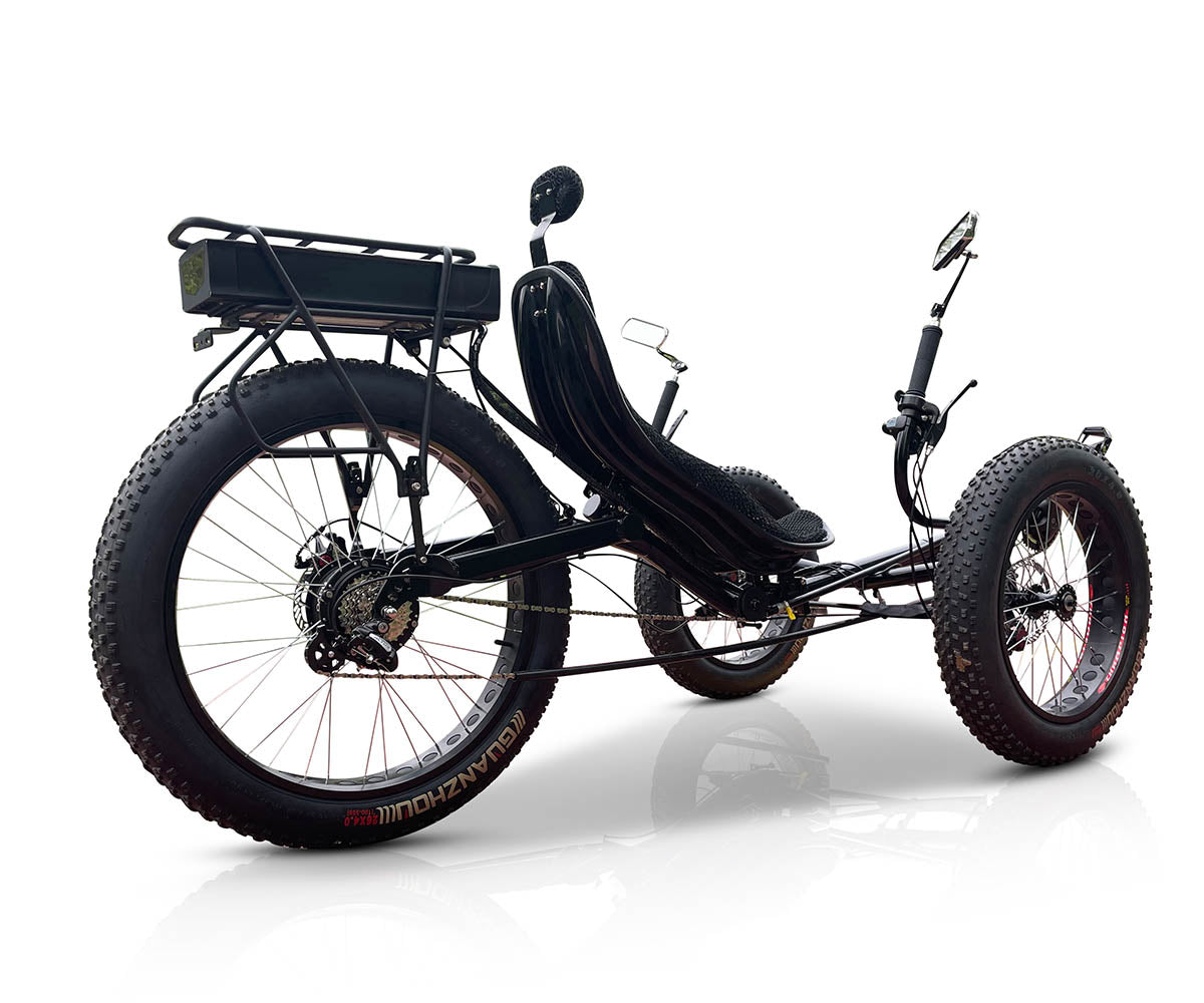 Low rear view of DuraTrike FX36e off road trike with focus on chain and gearing assembly