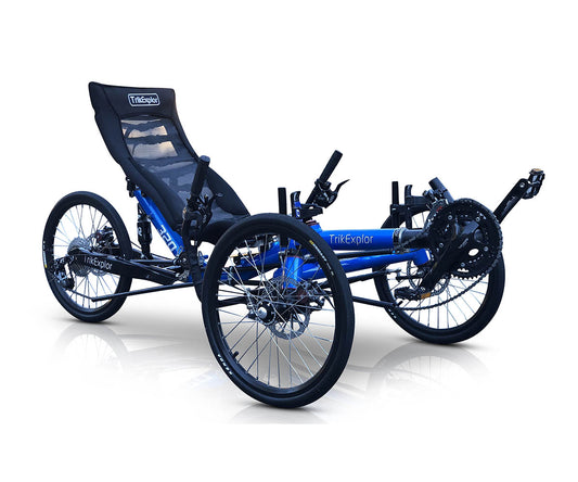 TrikExplor 320 trike in blue, front right angled view, showcasing its robust T6 aluminum frame and mesh reclined seat design.