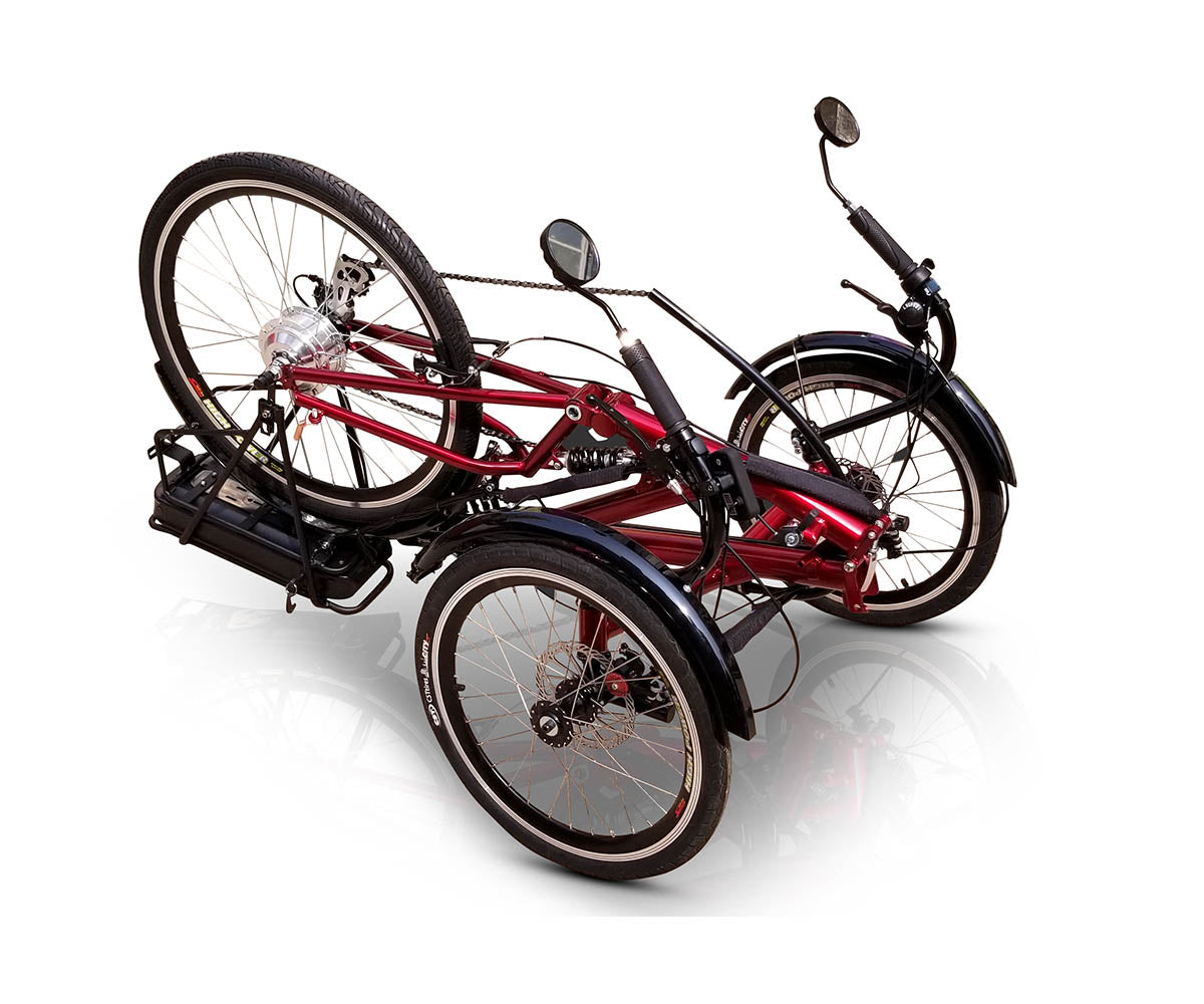 TrikExplor FT36e red recumbent tricycle in its folded state for transport and portability.