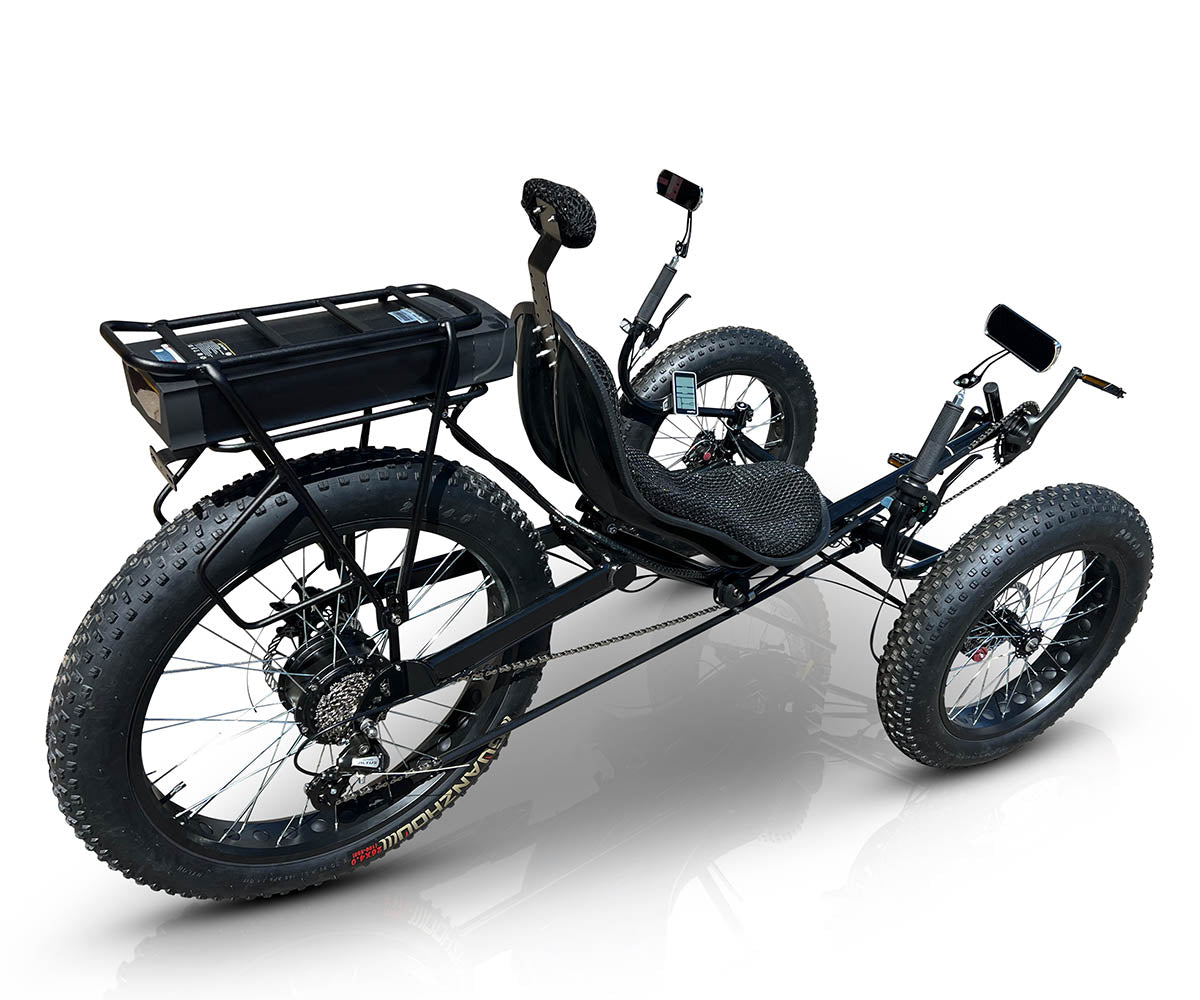 DuraTrike FX36e tadpole tricycle with black frame. Side view showing the rear rack, mounted battery, & rear wheel cassette.