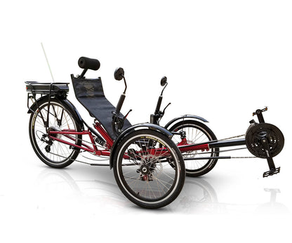 Side view of a TrikExplor FT36e red recumbent trike with black seat, three wheels, and a rear cargo rack.