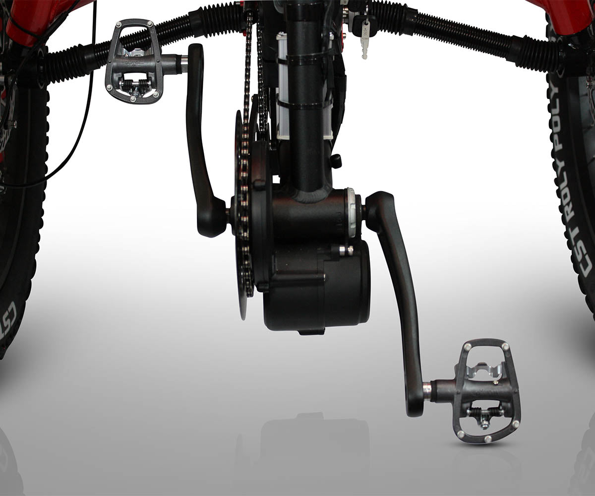 Close up image of recumbent quadricycle's crankshaft and 500 watt Bafang motor painted in matte black. 
