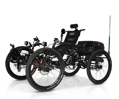 TrikExplor 424e off-road recumbent quad with a black frame, large rear storage container, and medium tread all terrain tires