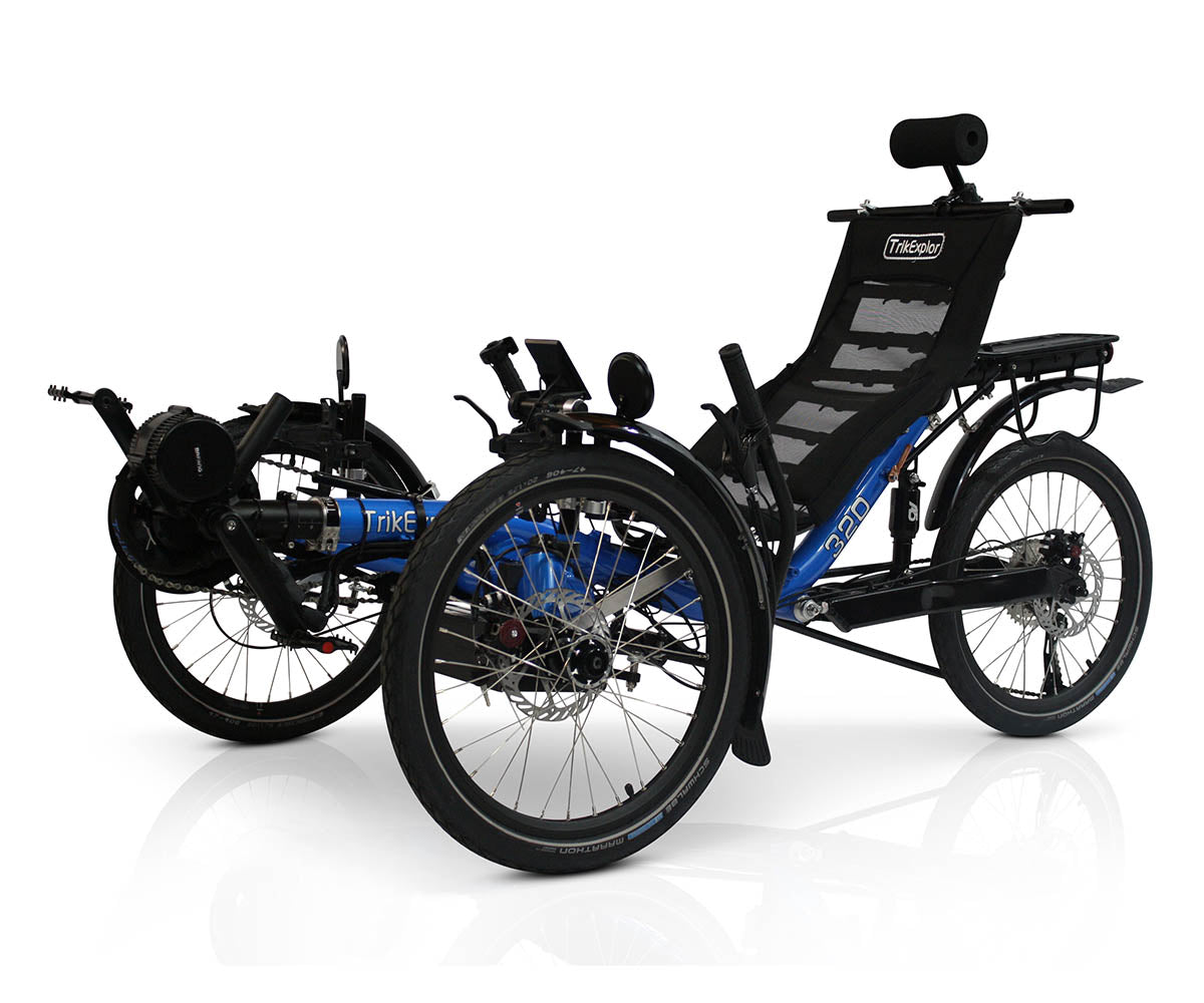 TrikExplor 320e electric tricycle in blue, front left angled view, showcasing the lightweight T6 aluminum frame and Bafang motor.