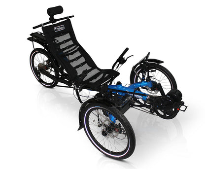 TrikExplor 320e electric trike in blue, front right angled view, featuring a comfortable mesh seat with headrest and touring tires.