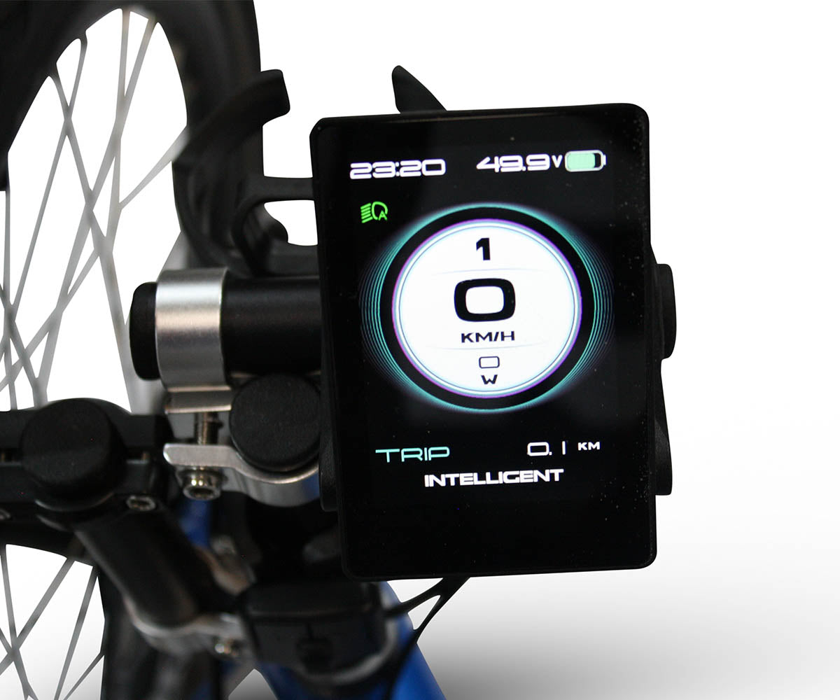 Close-up of the digital display on the TrikExplor 320e, showing speed, trip length, and battery information for the rider.