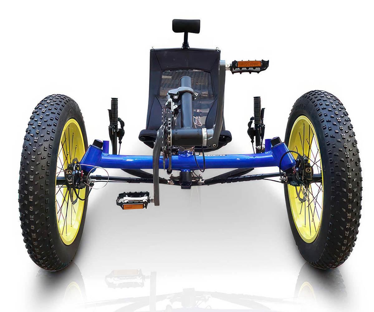 TrikExplor F326 with blue frame and yellow rims. Front view showcasing fat tires and pedal configuration.