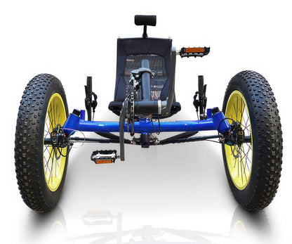 TrikExplor F326 with blue frame and yellow rims. Front view showcasing fat tires and pedal configuration.