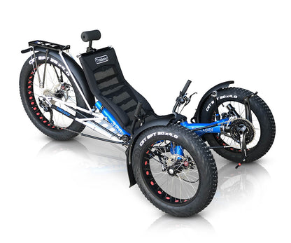 TrikExplor F326e in blue with fat tires, headrest, and over tire storage rack. Left side view displaying its robust frame and rear cassette